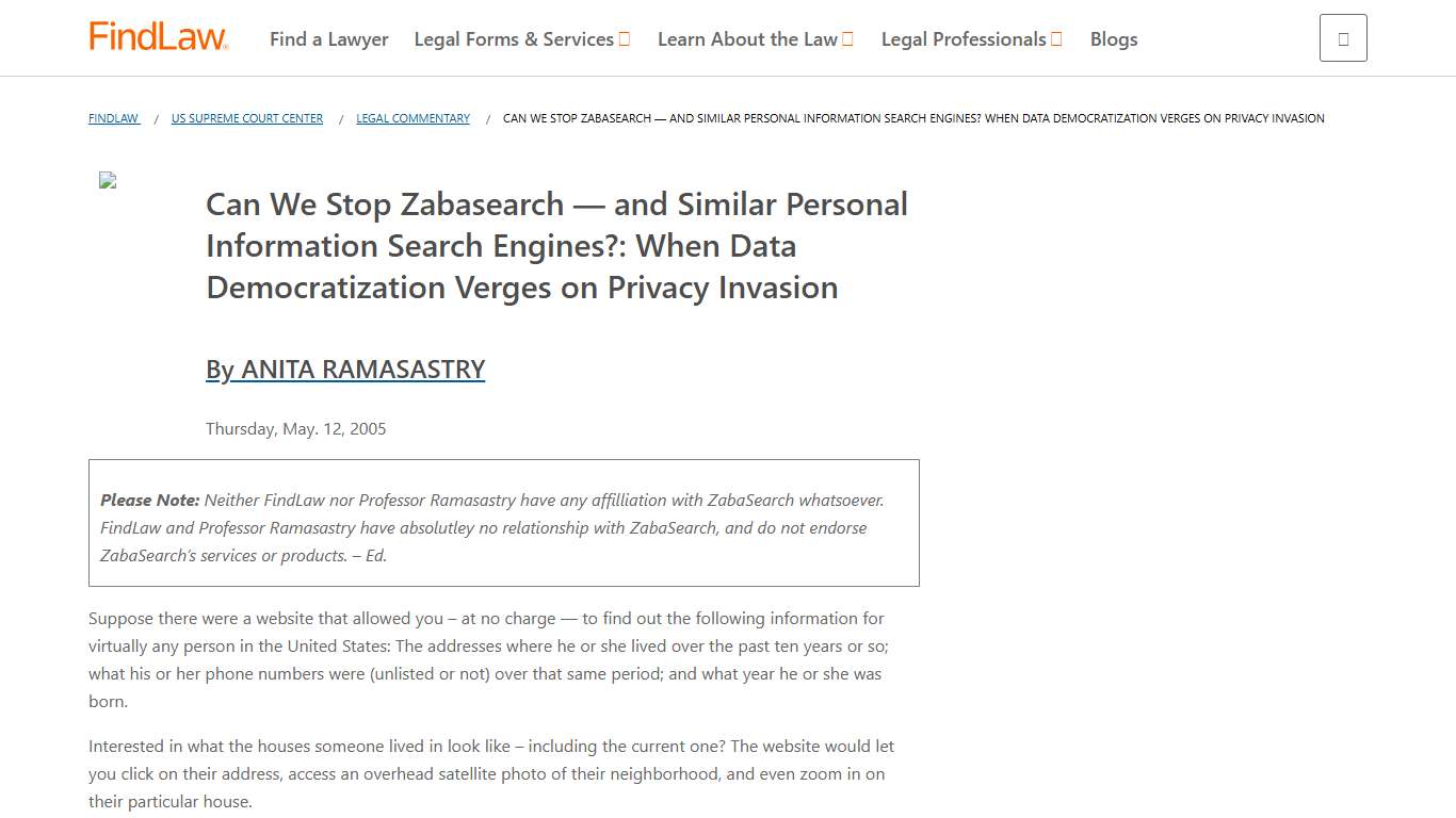 Can We Stop Zabasearch - and Similar Personal Information Search Engines? When Data Democratization Verges on Privacy Invasion - FindLaw